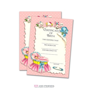 Printable pink baby doll birth certificate / instant download / digital scrapbooking / DIY baby doll adoption / fill in the blanks