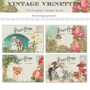 Vintage printable postcards / romantic vignettes of children, flowers, people in love /  digital collage sheet / instant download / cards