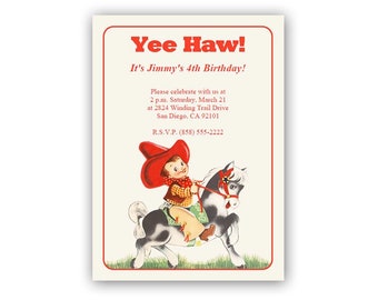 Printable, Digital Cowboy Party Invitation / add your own text using Web-based template / retro boy on horse for birthdays, other occasions