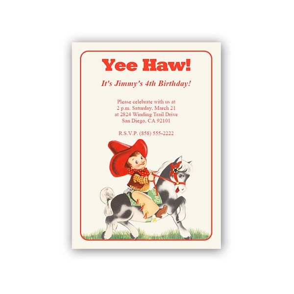 Printable, Digital Cowboy Party Invitation / add your own text using Web-based template / retro boy on horse for birthdays, other occasions