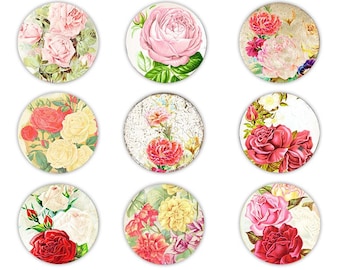 Vintage floral circles / digital collage sheet / printable round tags / cupcake toppers / roses, flowers /  2" and 1.5" diameter