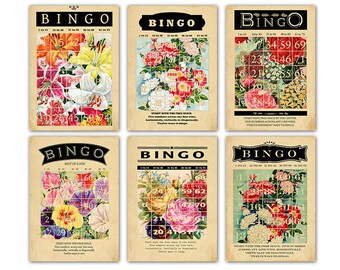 Vintage Style Flowers Decorative Bingo Cards: Printable Floral Craft Ephemera (Digital Download)