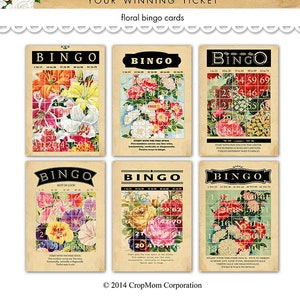 Digital Vintage Floral Bingo Cards / for use in crafts / romantic Valentine ephemera /  5" by 7" and 2.5" by 3.5" / downloadable, printable