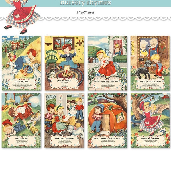 Nursery rhyme cards / printable Mother Goose wall hangings  / eight 5" by 7" wall art digital prints / wall decor / flashcards