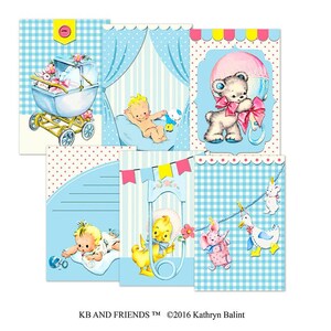Baby boy cards / printable filler cards / digital collage sheet /  4" by 6" /  instant download / blue retro baby / tags, journaling cards