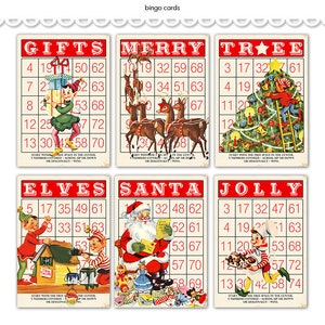 Printable Christmas Santa & Elves Decorative Bingo Cards for Crafts, Junk Cards, Card Making, Scrapbooking / two sizes