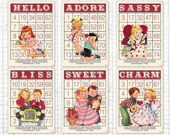 Digital Vintage Style Valentine Bingo Cards for Crafts / retro children ephemera cards / 5" by 7" and 3.5" by 5" / downloadable / printable