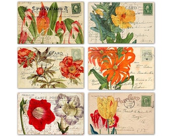 Digital bright floral postcards / ephemera collage sheet / altered art /  two sizes / downloadable, printable / red orange yellow green