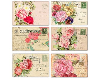 Romantic Vintage-Style Printable Floral Postcards,  digital ephemera for scrapbooks, crafts, and journals