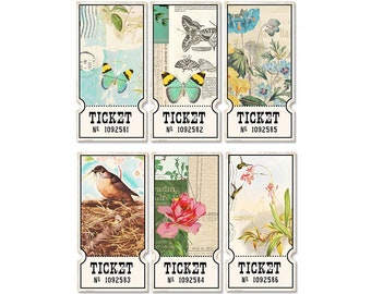 Printable Nature Tickets: Vintage Style Bird, Butterfly & Flowers (Digital Download)