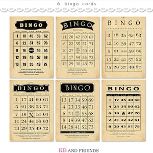Printable Vintage Bingo Cards for Crafts / black, tan bingo cards / decorative ephemera cards in 3 sizes: 5" by 7", 4" by 6", 3" by 4