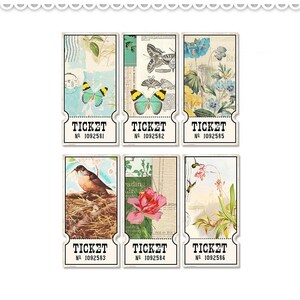 Digital nature-inspired tickets /  vintage collage sheet / 6 designs, 3 sizes / downloadable, printable / clipart / butterflies, birds