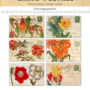 Digital bright floral postcards / ephemera collage sheet / altered art /  two sizes / downloadable, printable / red orange yellow green