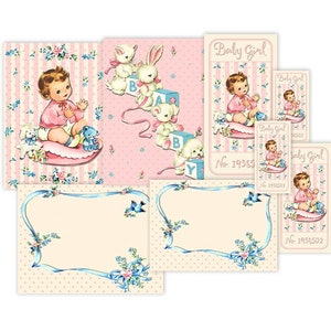 Shabby baby girl printable tickets and cards / vintage collage sheet / digital scrapbooking embellishments / instant download / downloadable