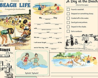 Retro Beach Journaling Cards / 18  individual cards plus collage sheets / pocket scrapbooking, digital scrapbooking / children, summer