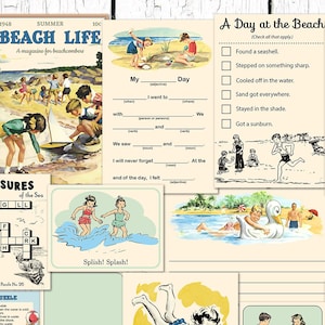 Retro Beach Journaling Cards / 18  individual cards plus collage sheets / pocket scrapbooking, digital scrapbooking / children, summer