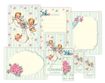 Shabby baby cherubs angels tickets and tags / printable collage sheet / digital scrapbook embellishments, cards / instant download / 3 x 4