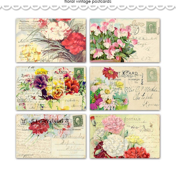 Shabby chic floral postcards / vintage postcards / digital collage sheet / printable postcards / instant download / flowers / ephemera
