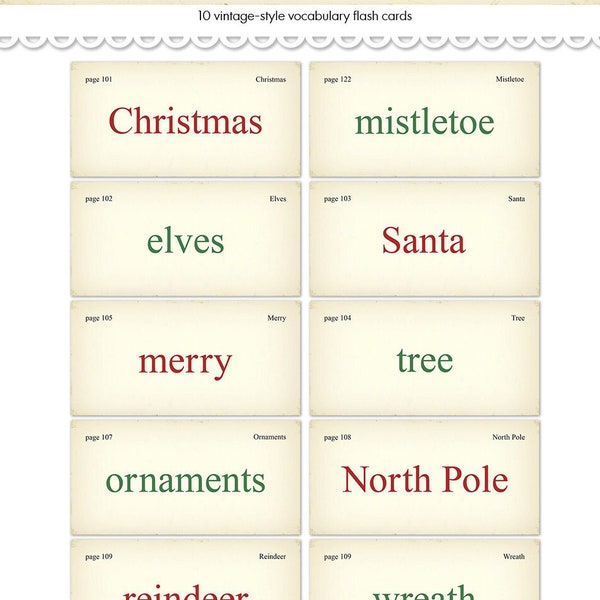 Digital Christmas vintage vocabulary flash cards / 3" by 6" and 2" by 4"/ downloadable / printable