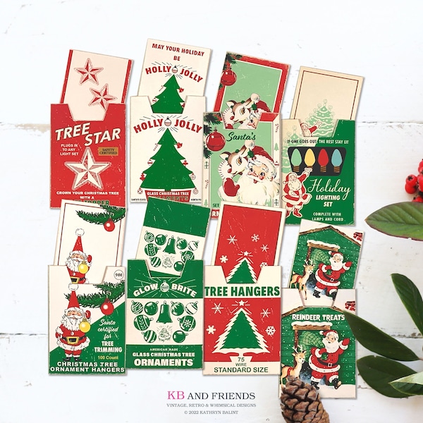 Printable DIY Christmas Gift Cards and Gift Card Holders with Retro Style Ornament Boxes & Other Box Tops / PNG for die cutting and PDF