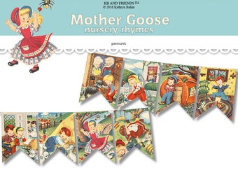 Może przedstawiać: Zestaw 8 kolorowych chorągiewek z ilustracjami z wierszyków dla dzieci Mother Goose. Chorągiewki są wydrukowane na białym tle z falistym brzegiem. Chorągiewki są połączone ze sobą białą sznurówką.