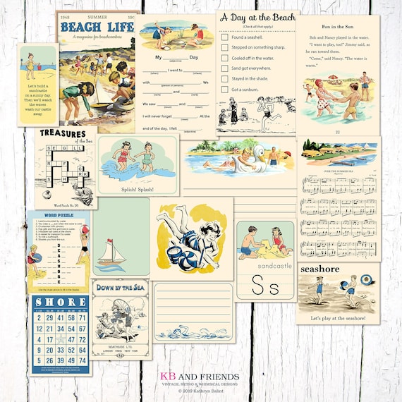 Retro Beach Journaling Cards / 18 individual cards plus collage sheets / pocket scrapbooking, digital scrapbooking / children, summer Il_570xn