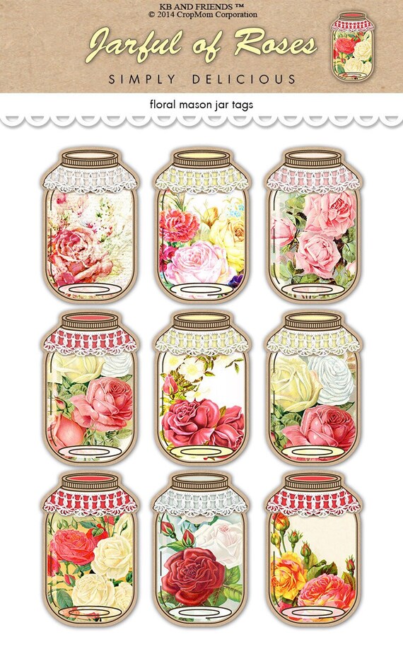 Digital Shabby Chic Romantic Roses Mason Jar Tags / vintage kraft paper collage sheet / two sizes / downloadable / printable Il_570xn