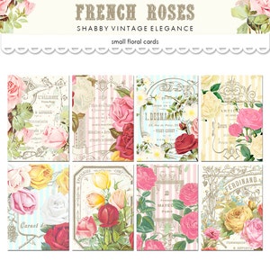 Puede incluir: Seis tarjetas florales de estilo vintage con una est&eacute;tica shabby chic. Cada tarjeta presenta un dise&ntilde;o floral diferente con rosas, flores amarillas y hojas verdes. Las tarjetas tienen un fondo blanco con detalles dorados y texto en franc&eacute;s.