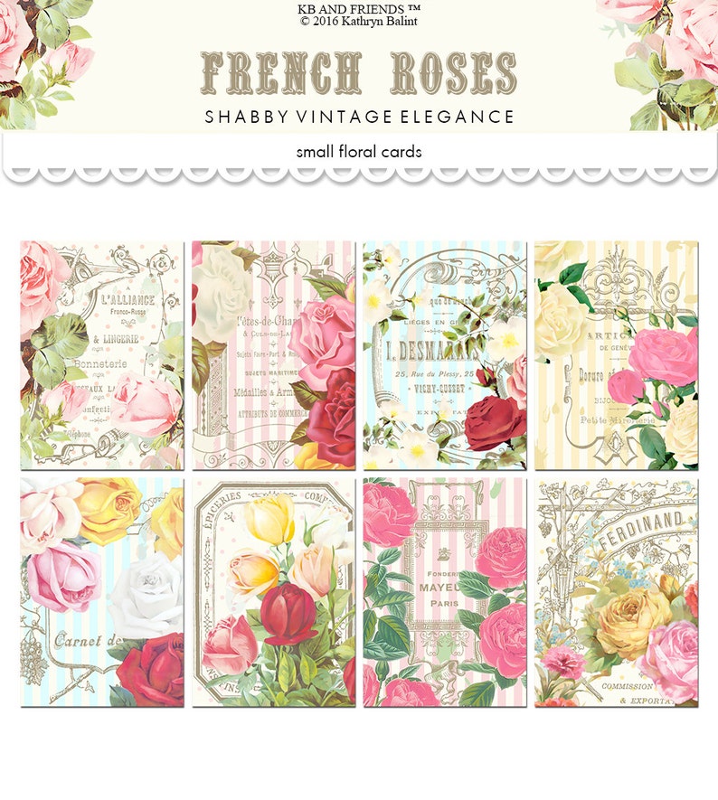 Puede incluir: Seis tarjetas florales de estilo vintage con una est&eacute;tica shabby chic. Cada tarjeta presenta un dise&ntilde;o floral diferente con rosas, flores amarillas y hojas verdes. Las tarjetas tienen un fondo blanco con detalles dorados y texto en franc&eacute;s.