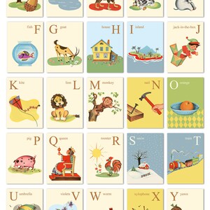 Digital vintage ABC flashcards / printable nursery wall art / 5 by 7 instant download / mix of animals and objects image 2