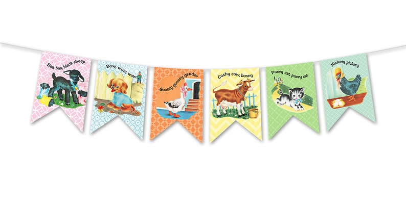 Digital vintage nursery rhymes banner / DIY Mother Goose pennants / printable / instant download / PDF / bunting / cute animals / wall decor image 1