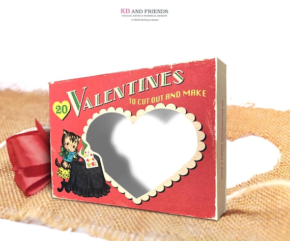 Vintage Valentines Day Printable Gift Box, Retro Kitten Design (Digital Download)