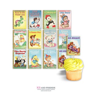 Printable cupcake toppers for storybook themed party or baby shower / cake bunting / vintage animal book cover / printable rectangles / tags image 2