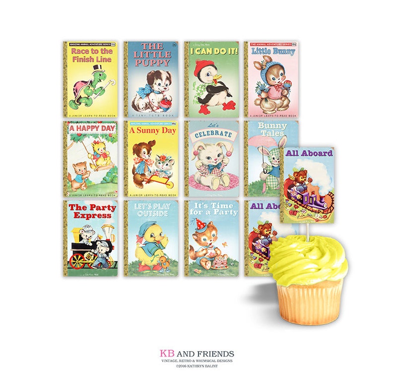 Printable cupcake toppers for storybook themed party or baby shower / cake bunting / vintage animal book cover / printable rectangles / tags image 2