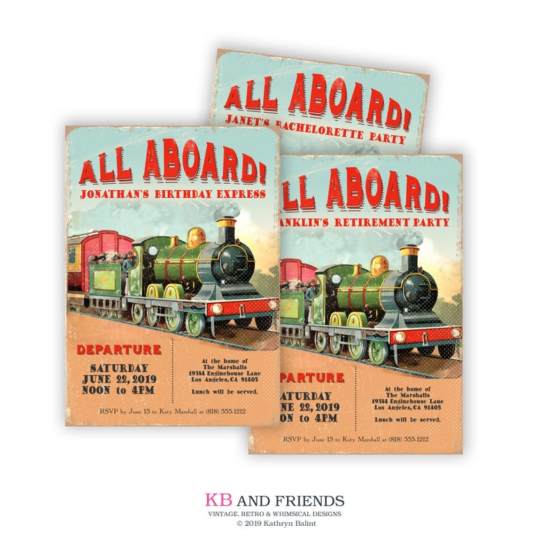 Vintage Editable Printable Train Invitation for any occasion, adult or child / locomotive / all occasion, birthday, retirement, any party image 1