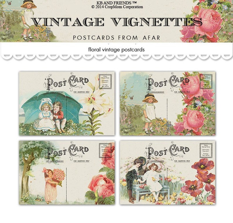 Vintage printable postcards / romantic vignettes of children, flowers, people in love / digital collage sheet / instant download / cards image 1