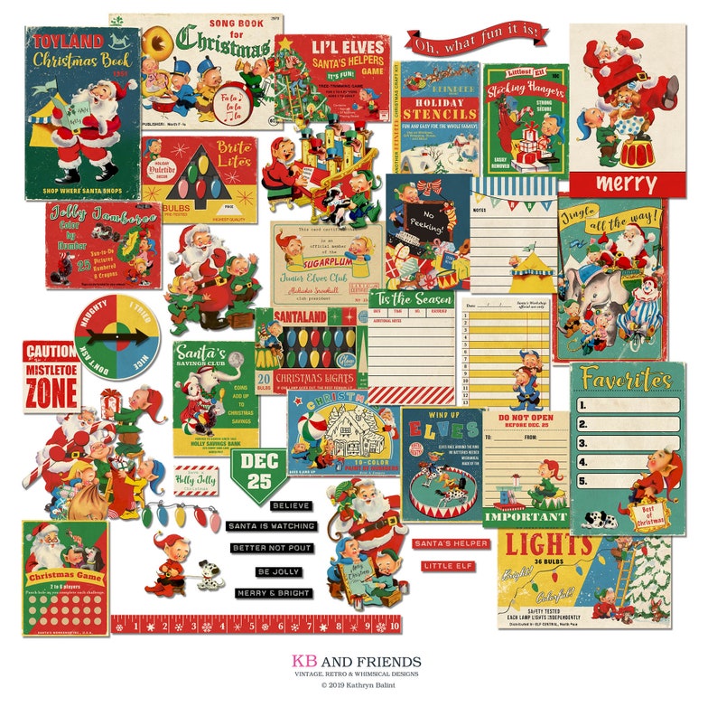 Retro Christmas Elves Digital Ephemera & Vintage Embellishments / Santa / printable collage sheets / digital scrapbooking / JPEG, PDF, PNG 
