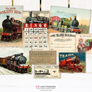 Pode incluir: Imagens vintage com tema de trem, incluindo um livro intitulado "My Little Railway Book", um cart&atilde;o de bingo com as palavras "All Aboard", um cart&atilde;o postal com o texto "Long Island Railroad 1907", um cart&atilde;o postal com o texto "At The Train Station" e um bilhete de trem vintage.