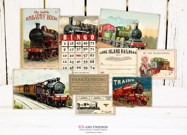 Pode incluir: Imagens vintage com tema de trem, incluindo um livro intitulado "My Little Railway Book", um cart&atilde;o de bingo com as palavras "All Aboard", um cart&atilde;o postal com o texto "Long Island Railroad 1907", um cart&atilde;o postal com o texto "At The Train Station" e um bilhete de trem vintage.
