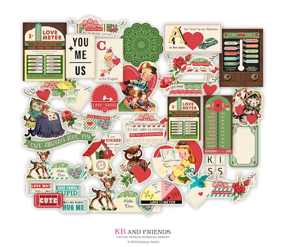 Retro "Love Meter" Valentine's Day Digital Ephemera & Cards for Crafts / vintage valentines / printable collage sheets / JPEG, PDF, PNG Il_570xn