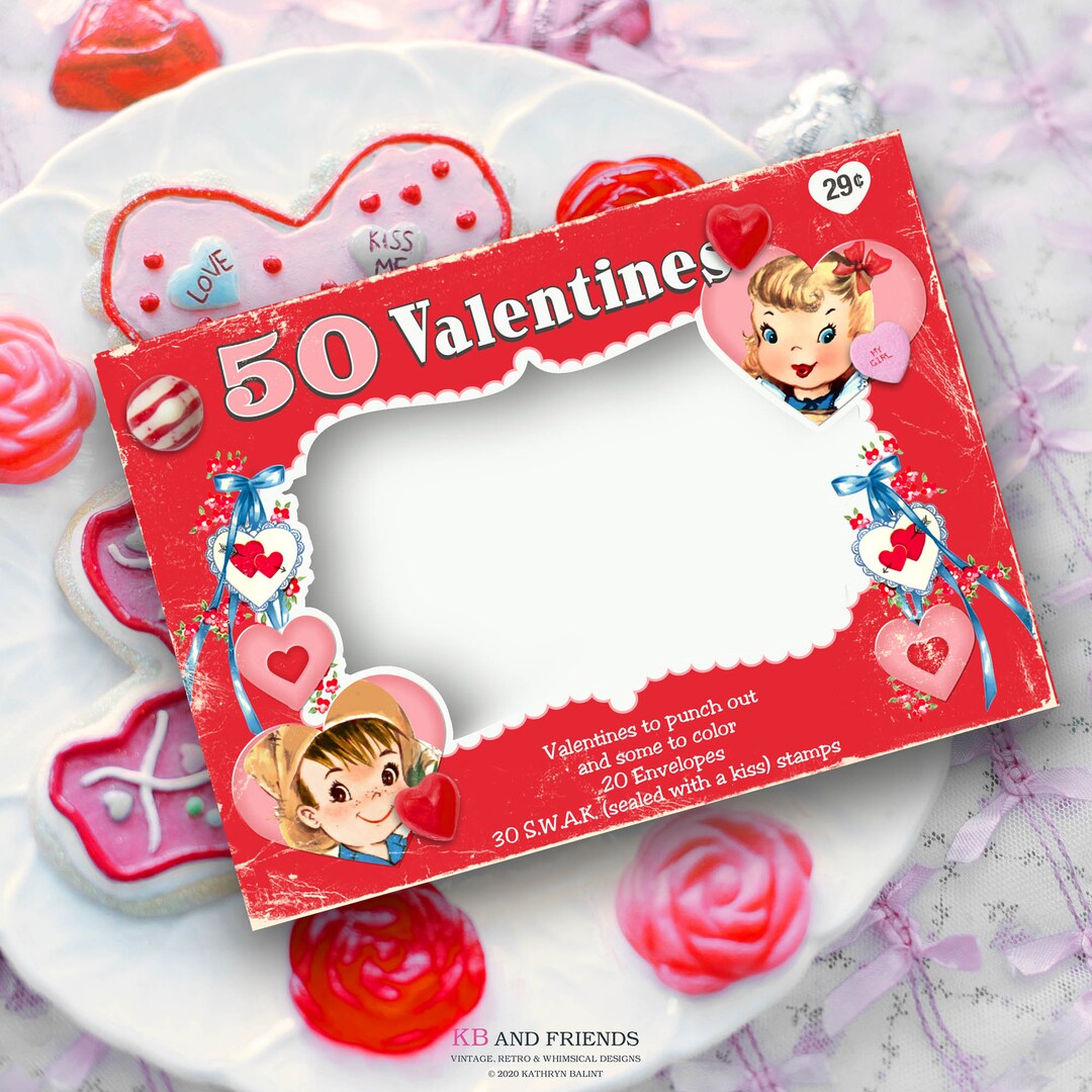 Retro Valentines Day Printable Box Template With Boy & Girl / 5