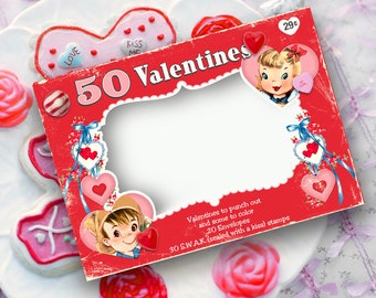 Retro Valentines Day Printable Box Template with Boy & Girl / 5" X 7" X 1.25" digital box for gifts, candy, crafts, diorama, shadowbox