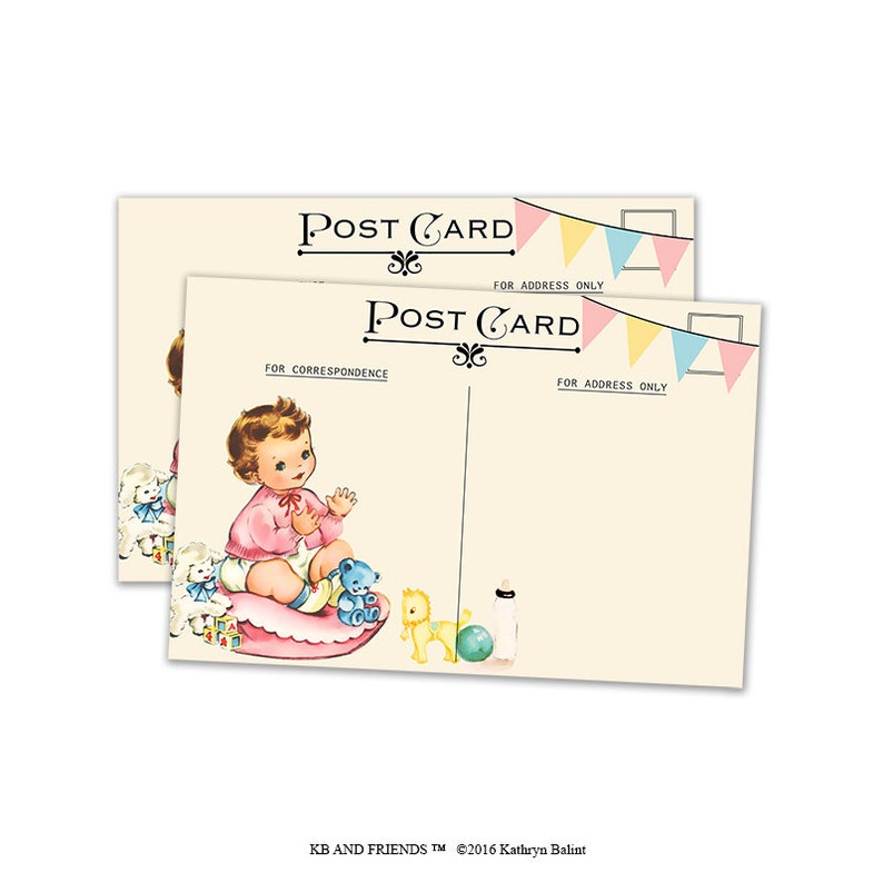 Digital Baby Girl Postcards for vintage baby shower/ 4 by 6 and 2.5 by 3.5 / ATC, post card, Project Life/ instant download image 1