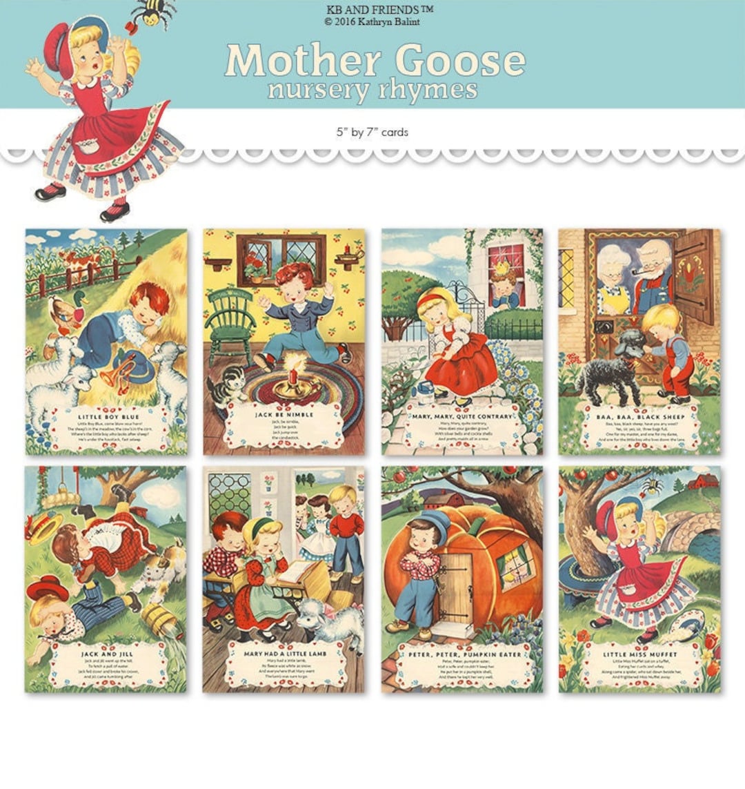 Nursery Rhyme Cards Printable Mother Goose Wall Hangings Eight 5 By