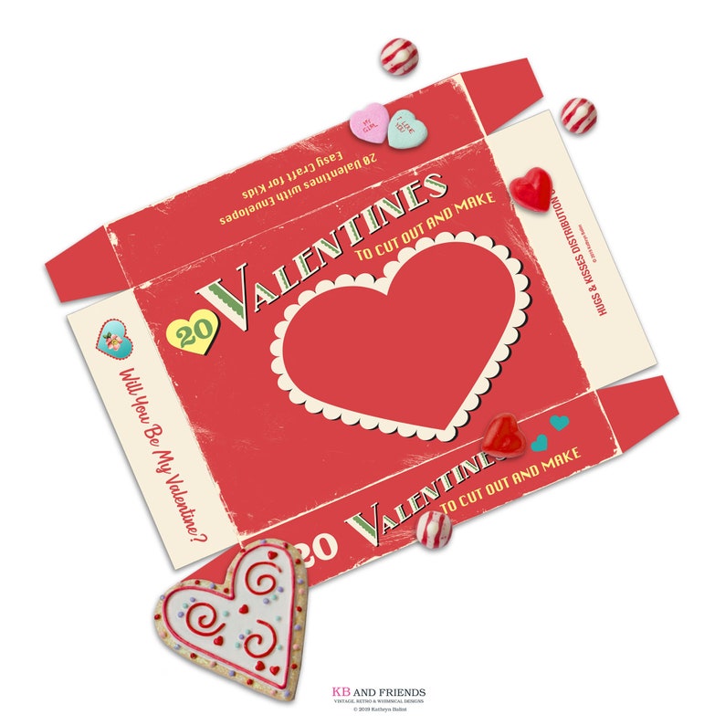 May include: A red and white printable Valentine's Day box with a heart shape and the text "20 Valentines to cut out and make".