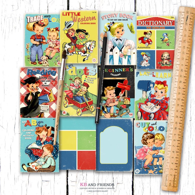 Retro Printable Children's Coloring Book Covers in 3 Sizes | Etsy