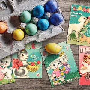 Retro Easter Spring Printable Children's Coloring Book Covers for gift tags, crafts, junk journals / 16 ephemera cards, 2 sizes, PDF, JPEG image 3