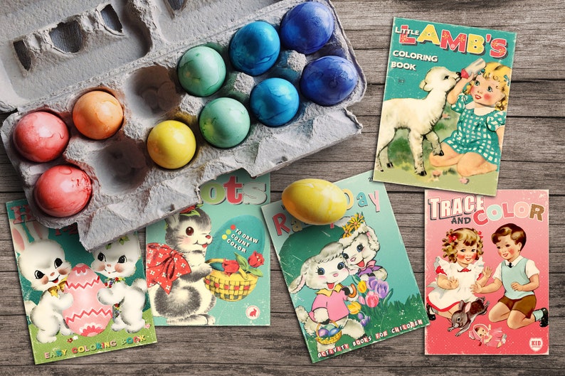 Retro Easter Spring Printable Children's Coloring Book Covers for gift tags, crafts, junk journals / 16 ephemera cards, 2 sizes, PDF, JPEG image 3
