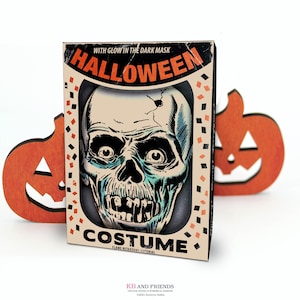 Printable Retro Halloween Costume with Skull Mask Box / digital 5" by 7" by 1.25" box template for candy, gifts, crafts, diorama, shadowbox