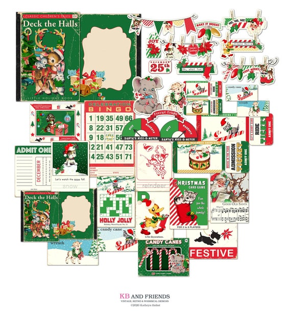 Retro Christmas Animals Digital Embellishments & Ephemera Cards for scrapbooks, junk journals / printable collage sheets, individual files Il_570xn